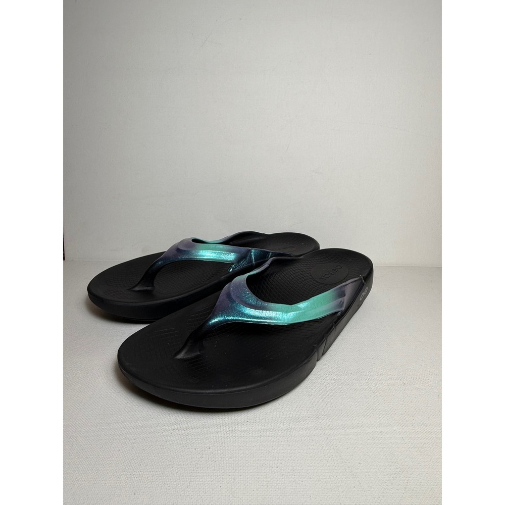 Oofos OOlala Luxe Atlantis Iridescent Recovery Sandals Black Womens 6 EU 37